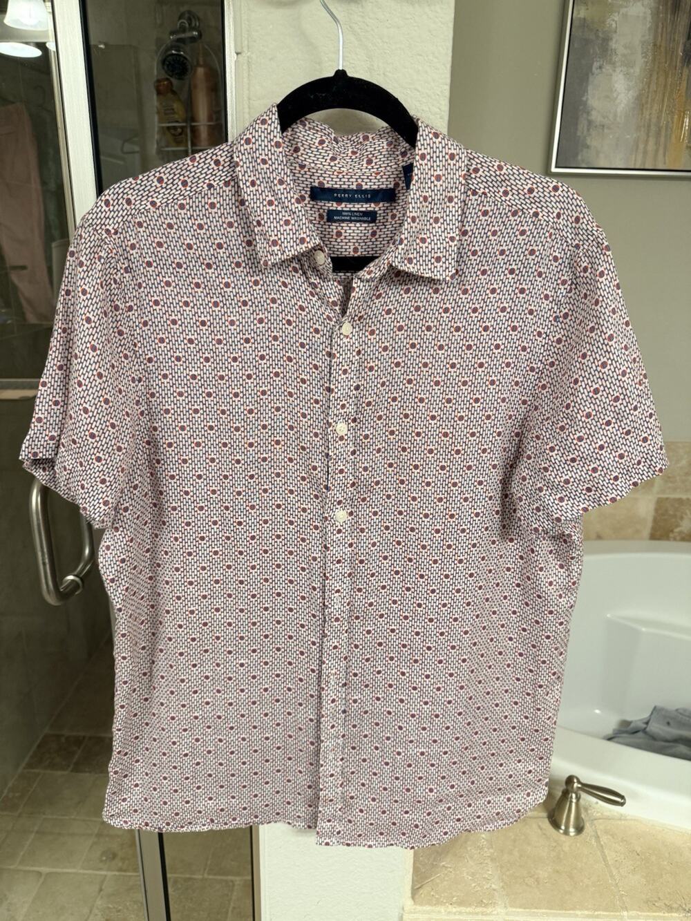 Perry Ellis Men’s 100% Linen Button Front M Geometric Print Short Sleeve Summer
